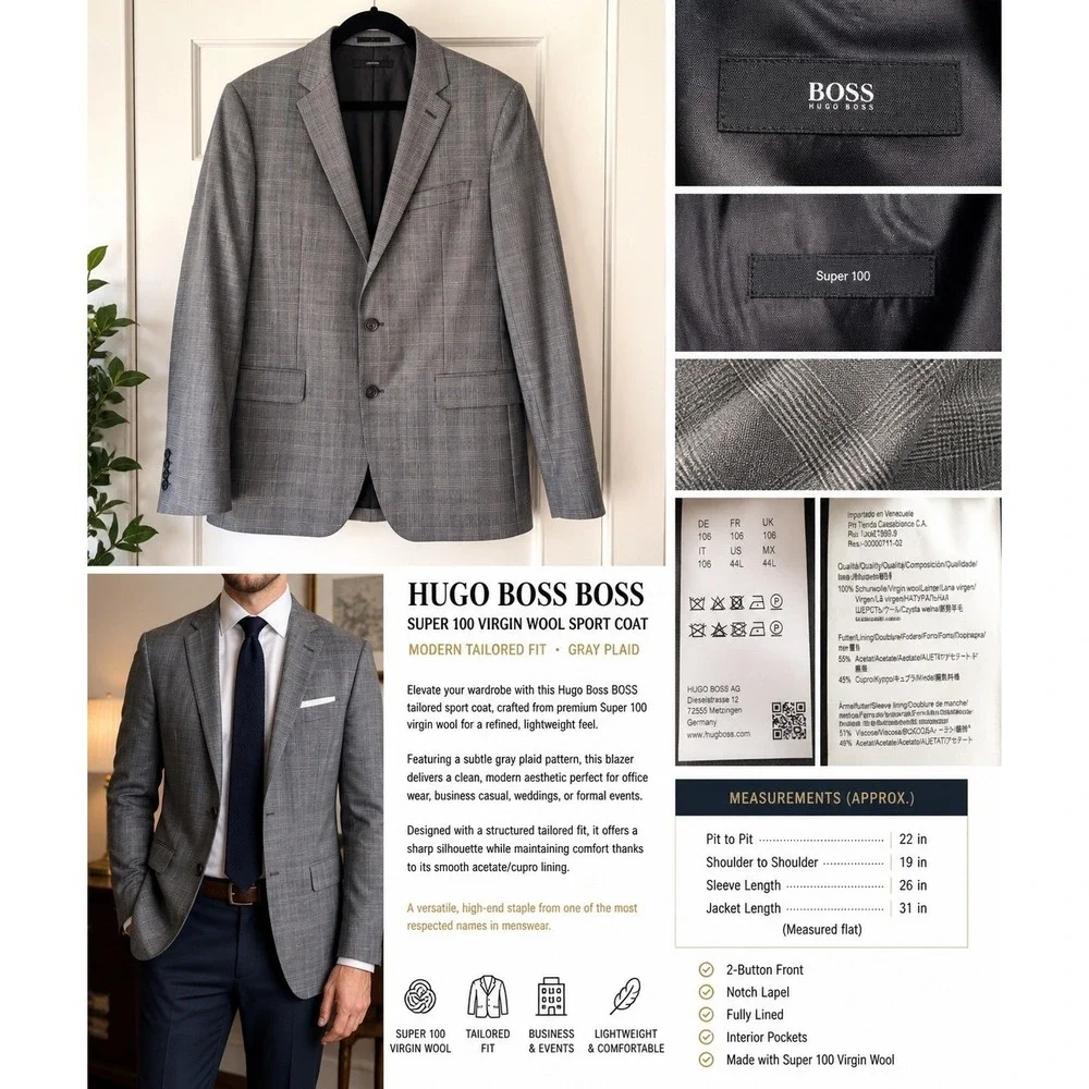 Hugo Boss BOSS Sport Coat Blazer 44L Gray Plaid Super 100 Wool Tailored Fit