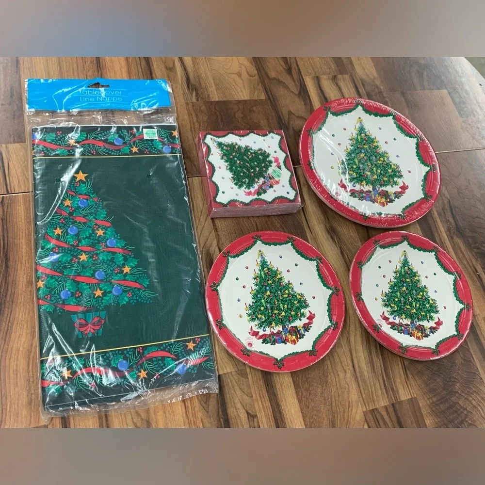 Vintage Lot Christmas Tree Paper Party Plates Tablecloth Napkins Holiday Set