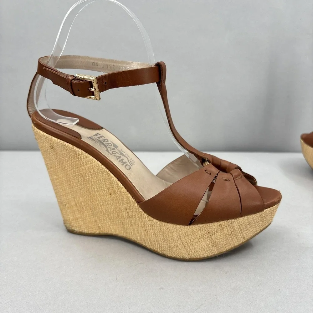 Salvatore Ferragamo Wedge Sandals Shoes Womens 8.5 Leather‎ Espadrille Italy