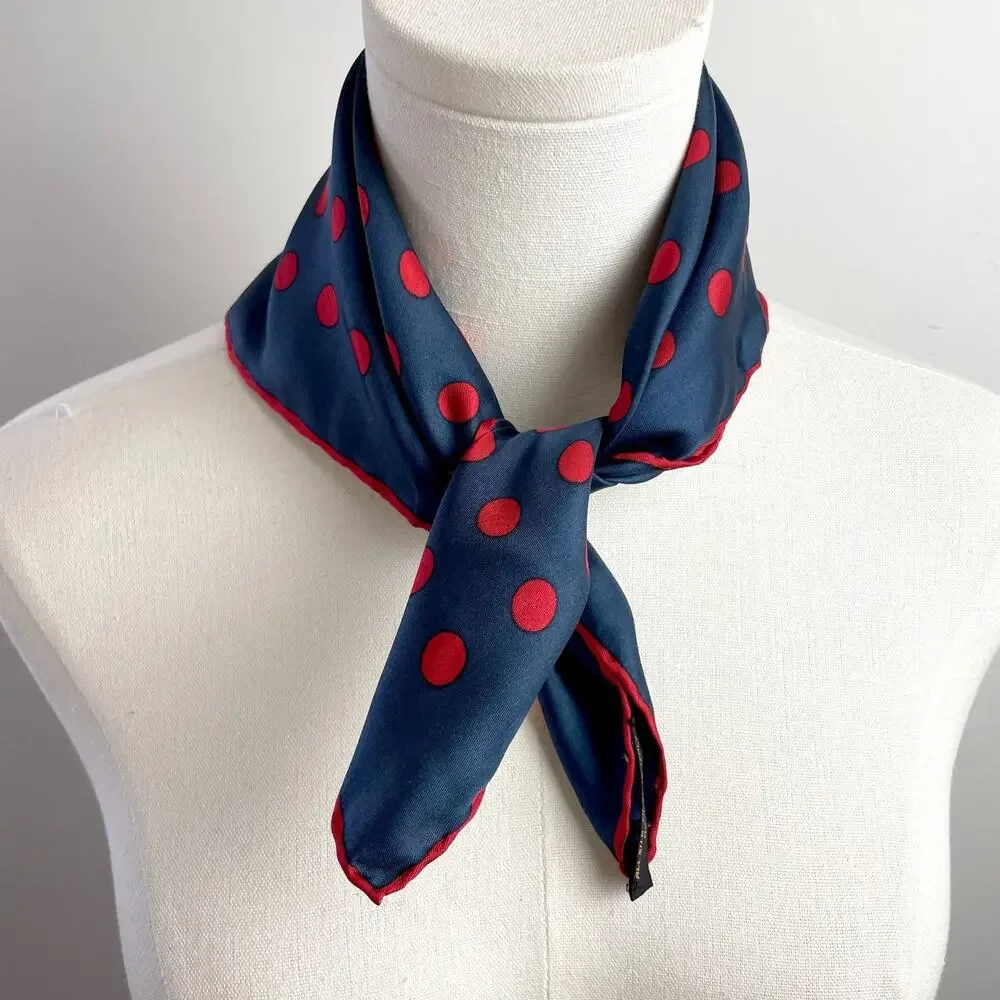 Vintage 70s Polka Dot Silk Scarf Square Navy Red Italy Timeless MCM Capsule