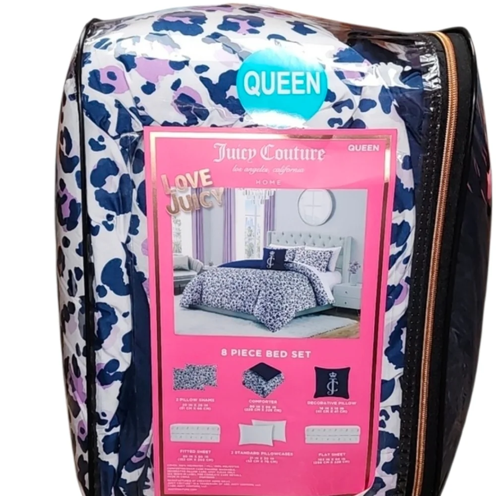 Juicy Couture 8 Piece Queen Comforter Bed Set Leopard Print White & Blue - New