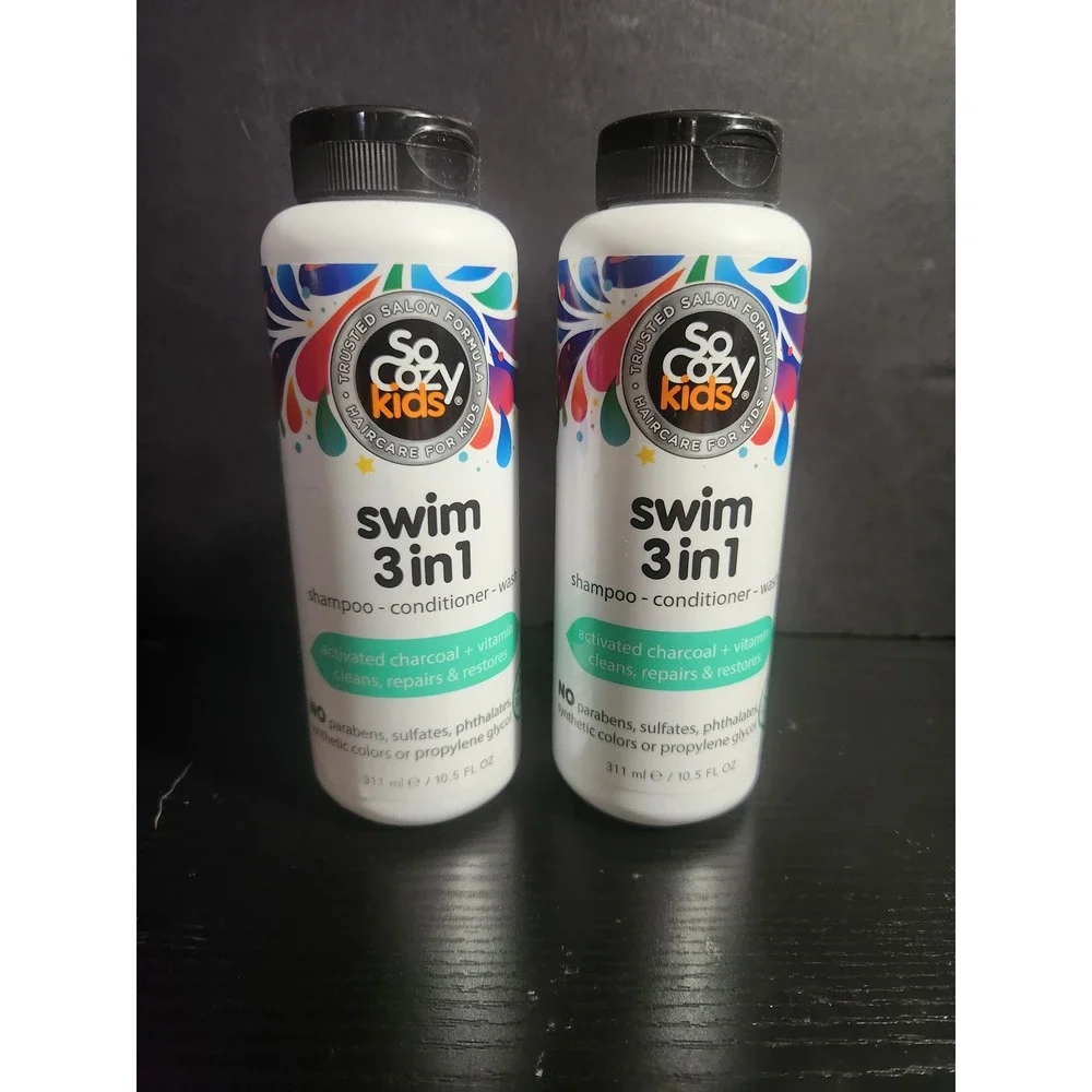2 Pack SoCozy Kids Swim 3-in-1 Shampoo Conditioner Body Wash Charcoal 10.5oz