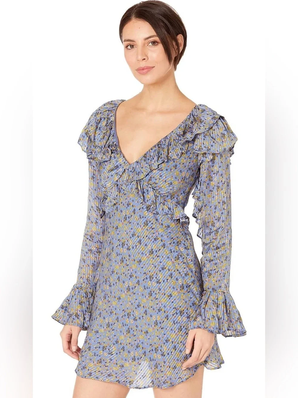 Free People Long Sleeve Empire Mini Dress Blue Size 2