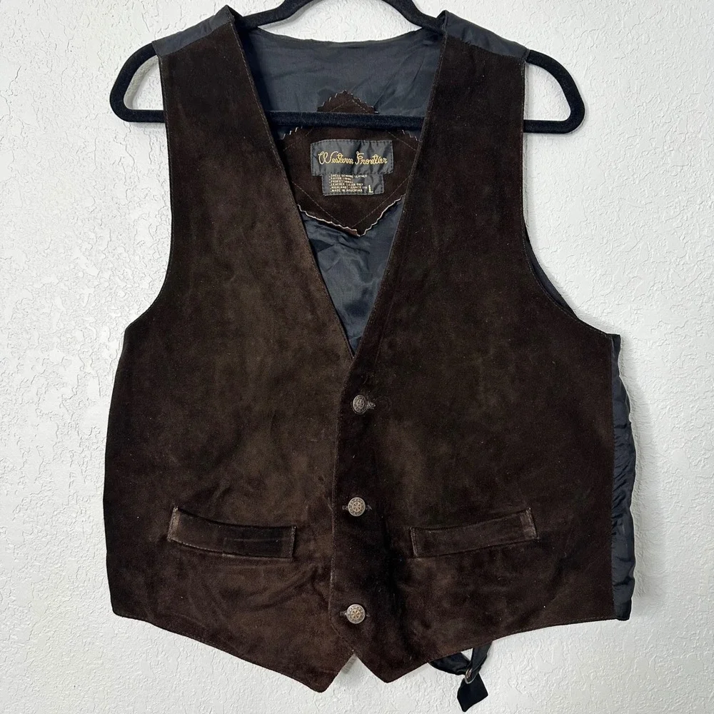 Vintage 70s Western Frontier Brown Suede Leather Vest LGE men's cowboy farmcore