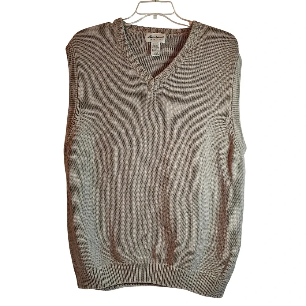 Eddie Bauer Mens XL Tan Cotton Knit V-Neck Sweater‎ Vest D221