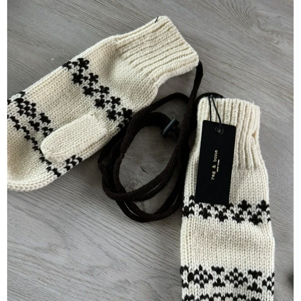 rag & bone BROOKE‎ WOOL Mittens with Neck cord IVORY FAIR ISLE One Size NEW $150