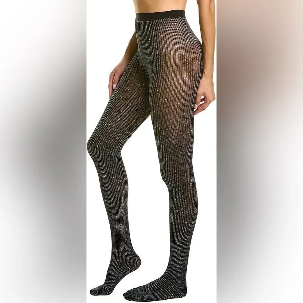 Wolford NEW Dora Metallic Ribbed 100 Denier Tights Black Size Small