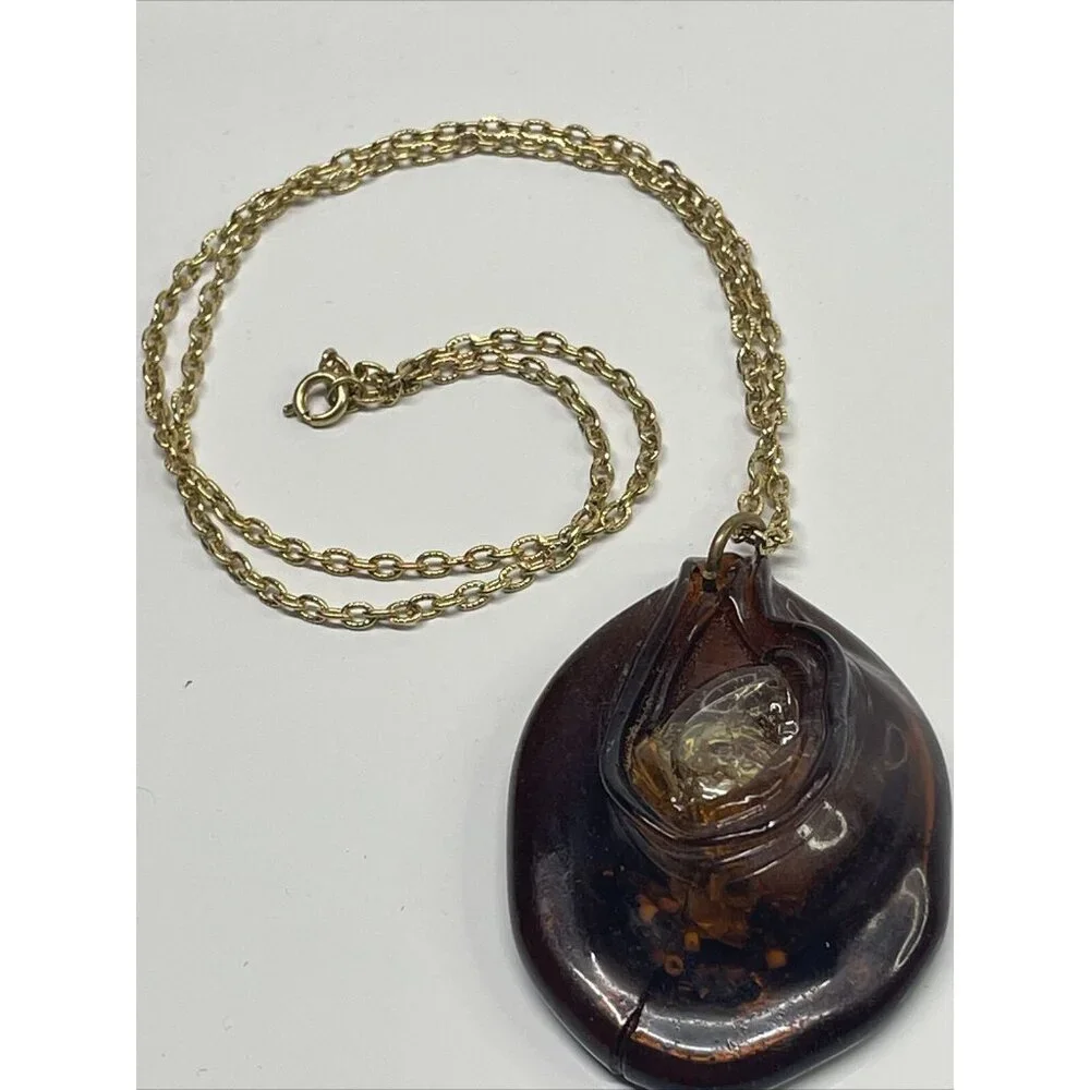 Unique Faux Amber Plastic Pendant Necklace w/ beads embedded 24” Gold Tone Chain