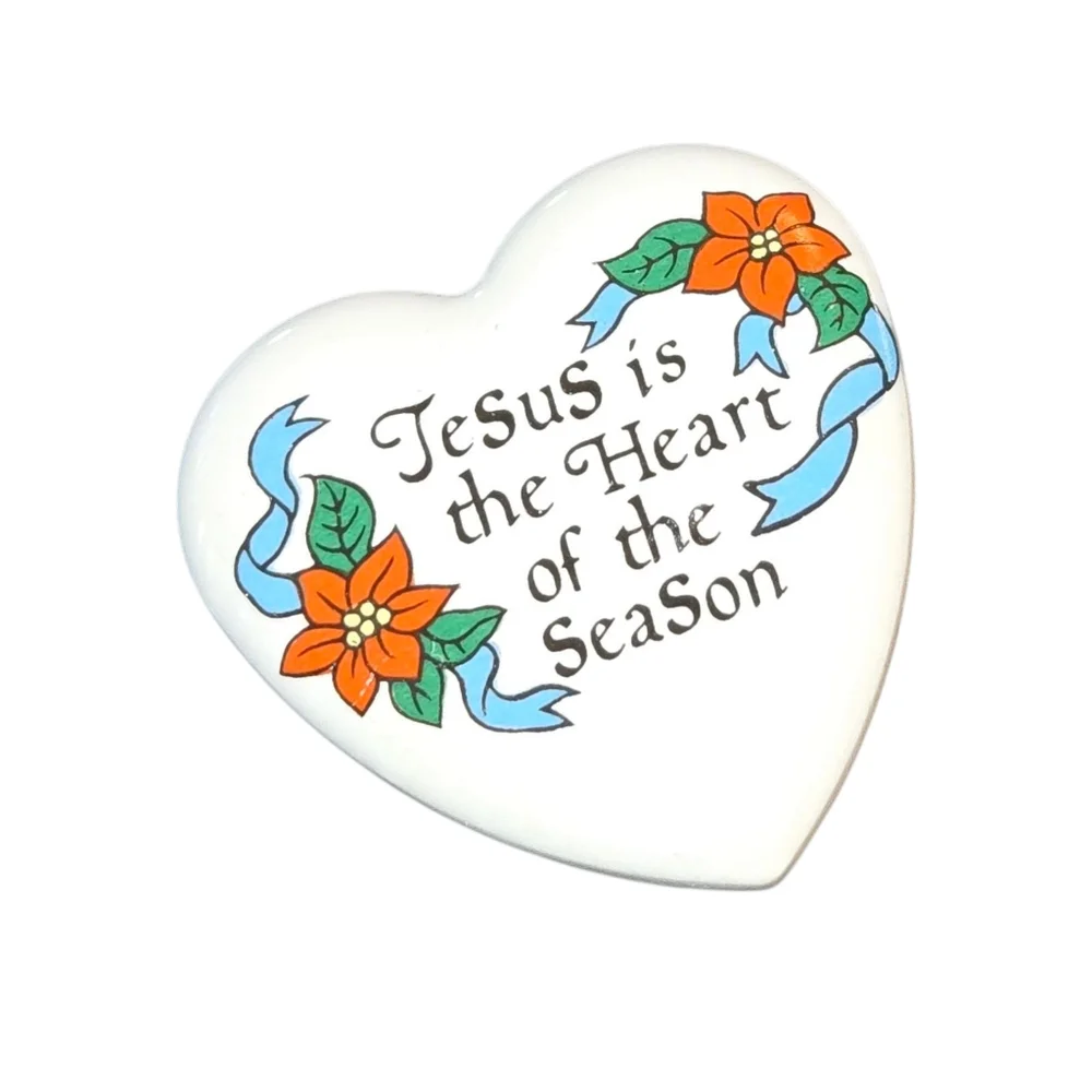 Jesus Is‎ The Heart Of The Season VTG White Poinsettia Accented Heart Shaped Pin