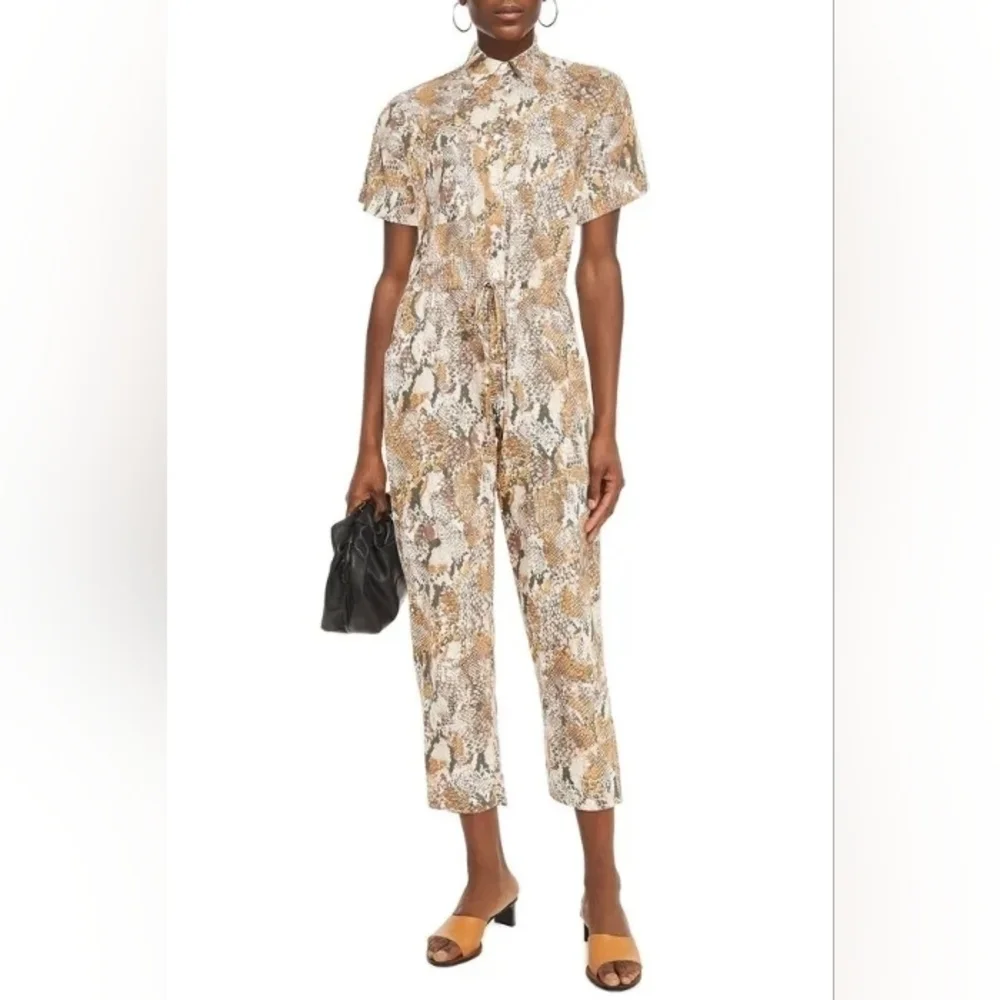 enza costa Cropped Snake-Print Cotton Jumpsuit Animal Print sz 3/ L