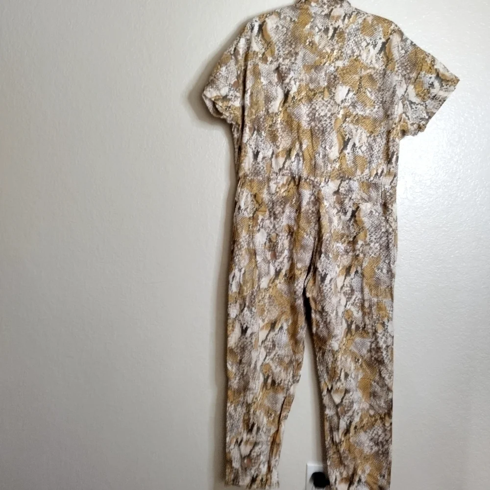 enza costa Cropped Snake-Print Cotton Jumpsuit Animal Print sz 3/ L