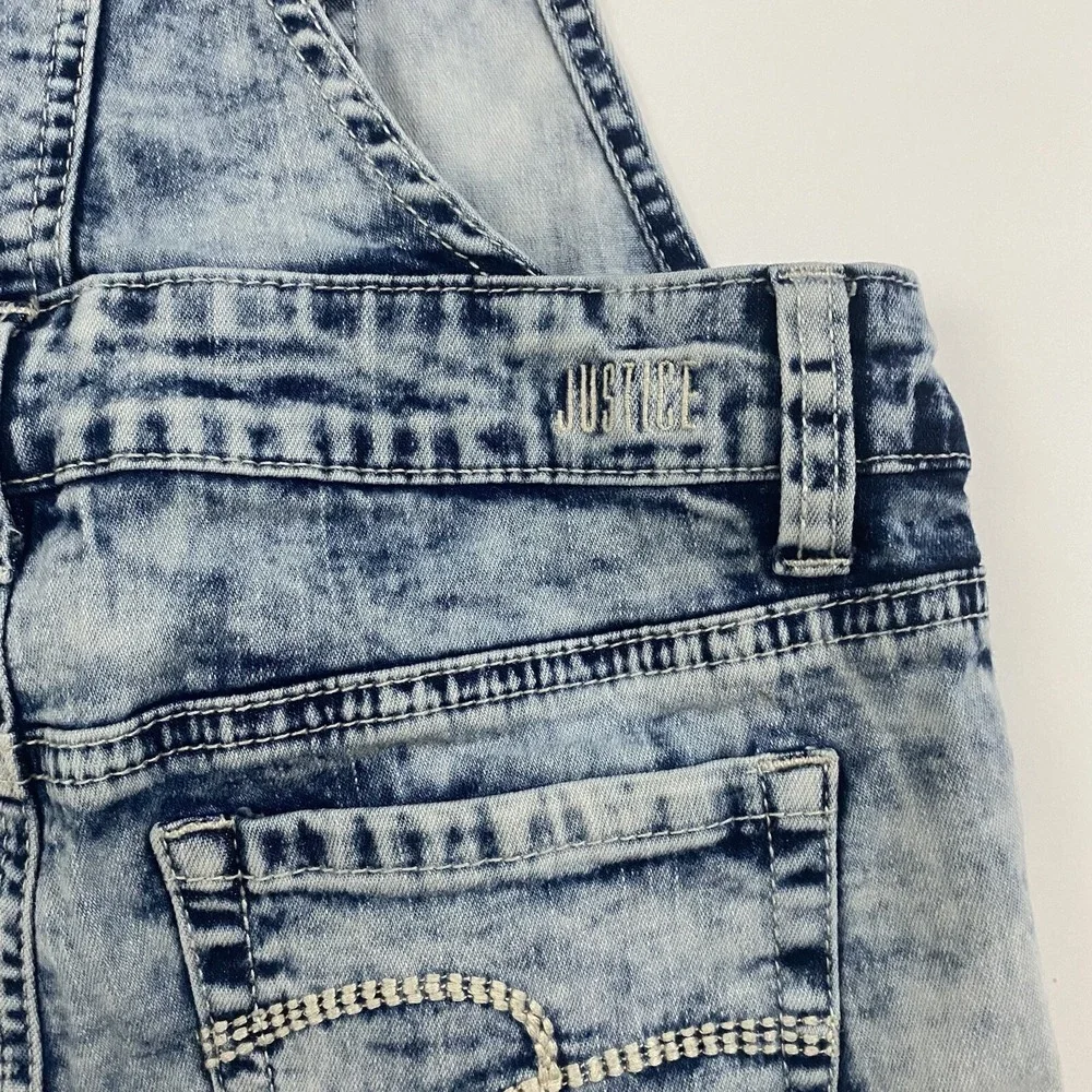 Justice Girls Shortalls Overalls Shorts Sz 12 Denim Blue Jean Acid Wash Stretch