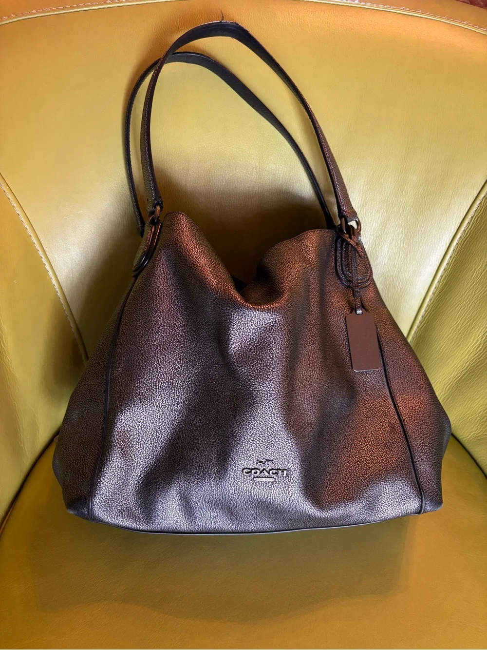 Coach Edie 31 Metallic Gunmetal Pebble Leather Shoulder Bag Hobo Tote