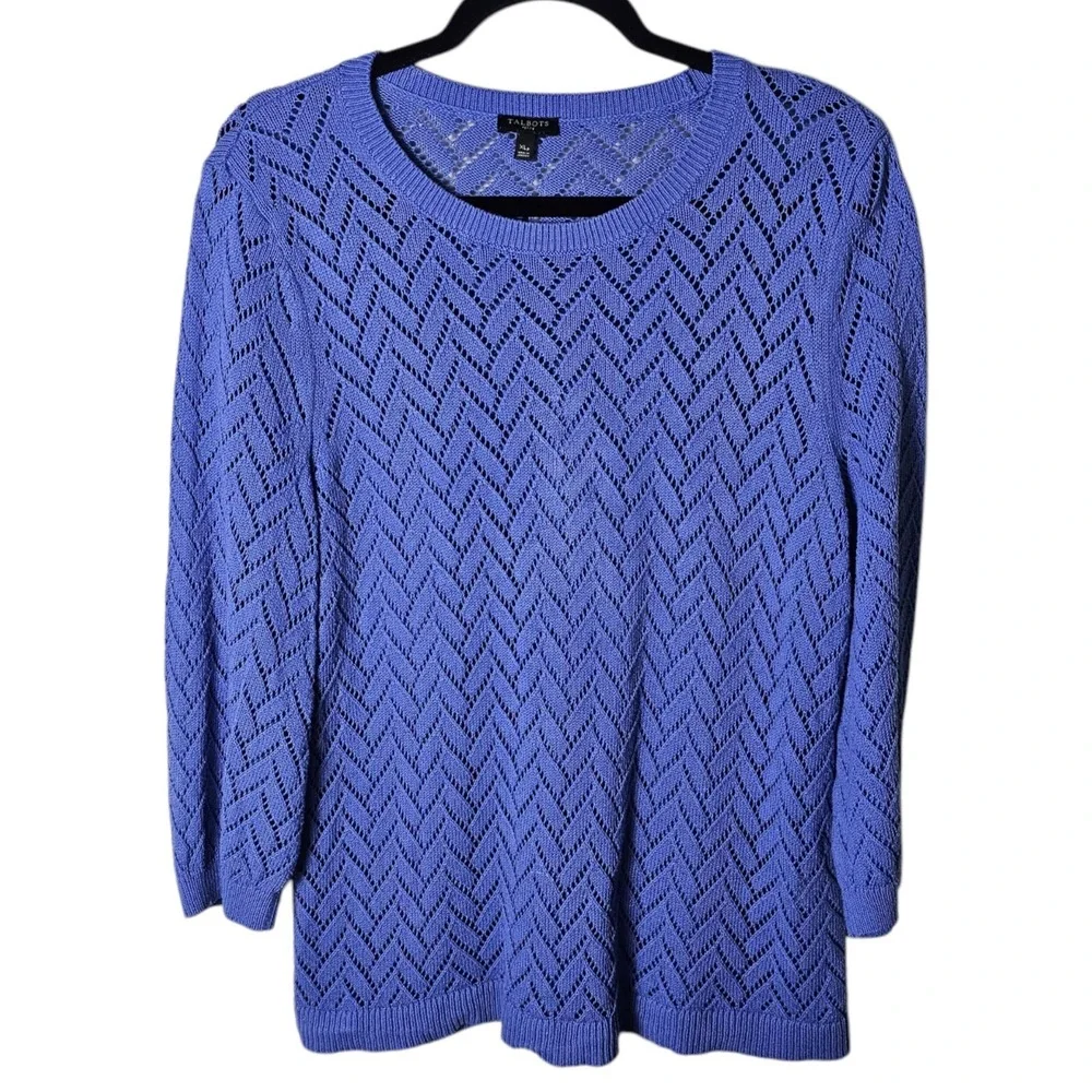 Talbots Petite XL Periwinkle Purple Open Knit Linen Blend Sweater‎ Pullover Crew