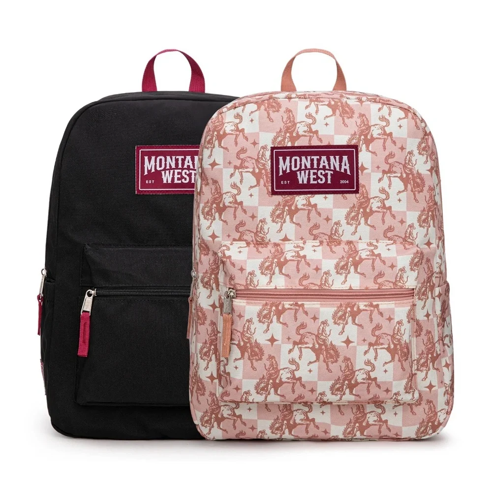 Montana West Bucking Cowgirl Print Backpack -2Pcs Set - Pink