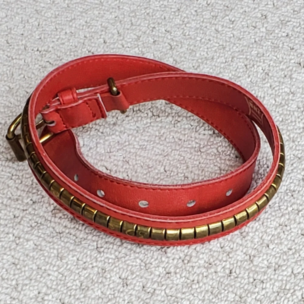BBC Leather Studded Equestrian Cowgirl Belt Made in Spain, Brass, Red,Sm/34