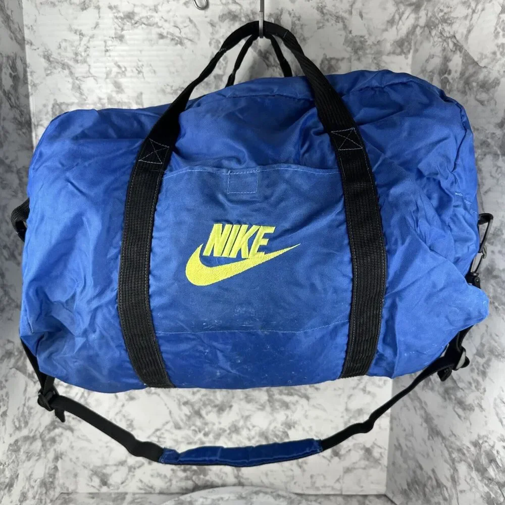 Vintage 80s Nike Gym Duffel Bag Blue Neon Green Nylon Canvas Crossbody Strap