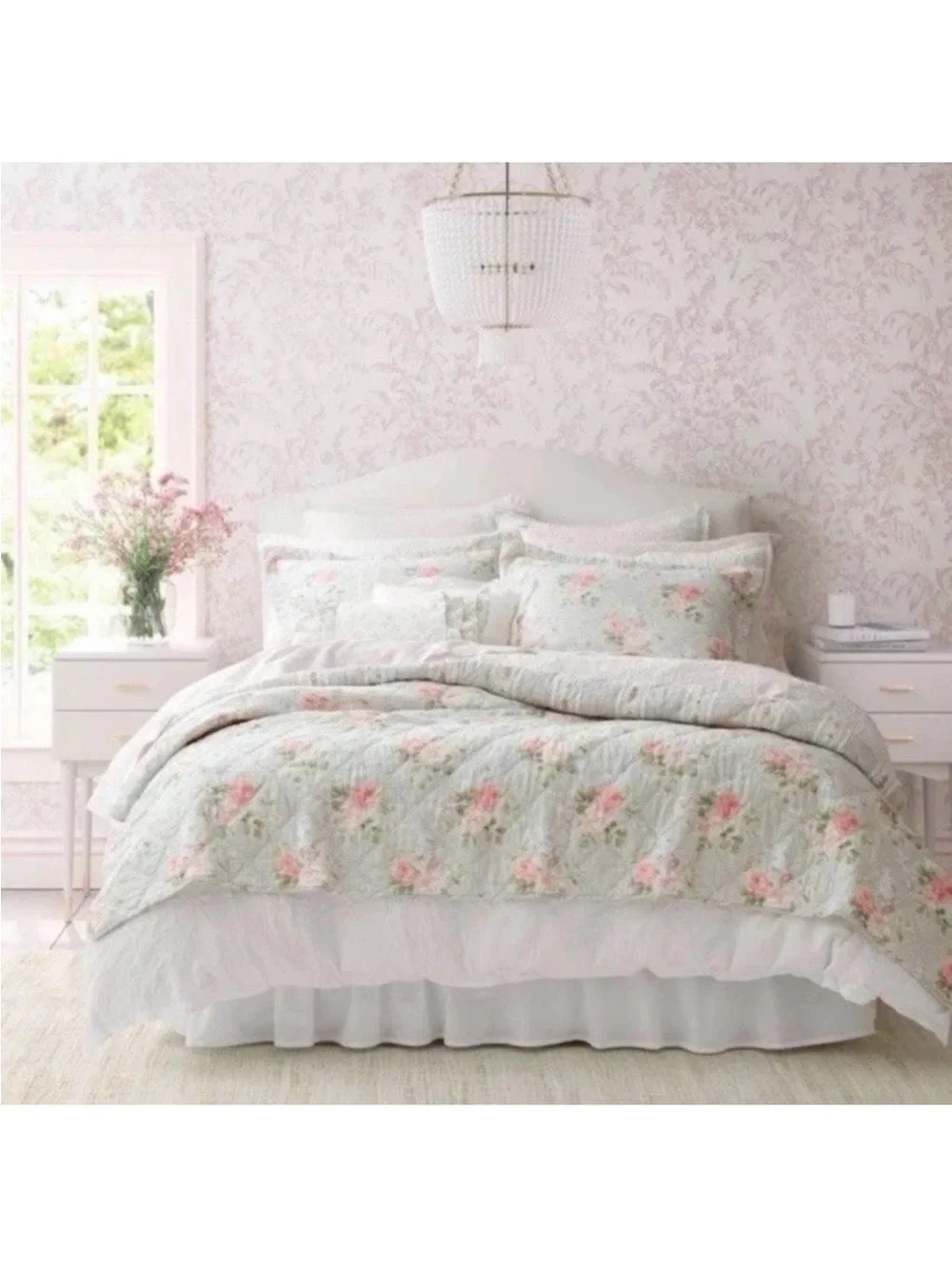 Laura Ashley Full/Queen Melany Pink Floral Reversible QUILT 3pc Set 100%Cotton
