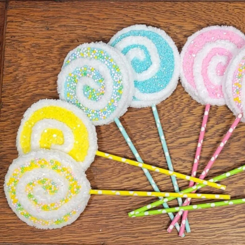 Bundle of 3 Yellow - Yarn Lollipops‎ w/ Glitter/Mini Styrofoam Balls in Pastels