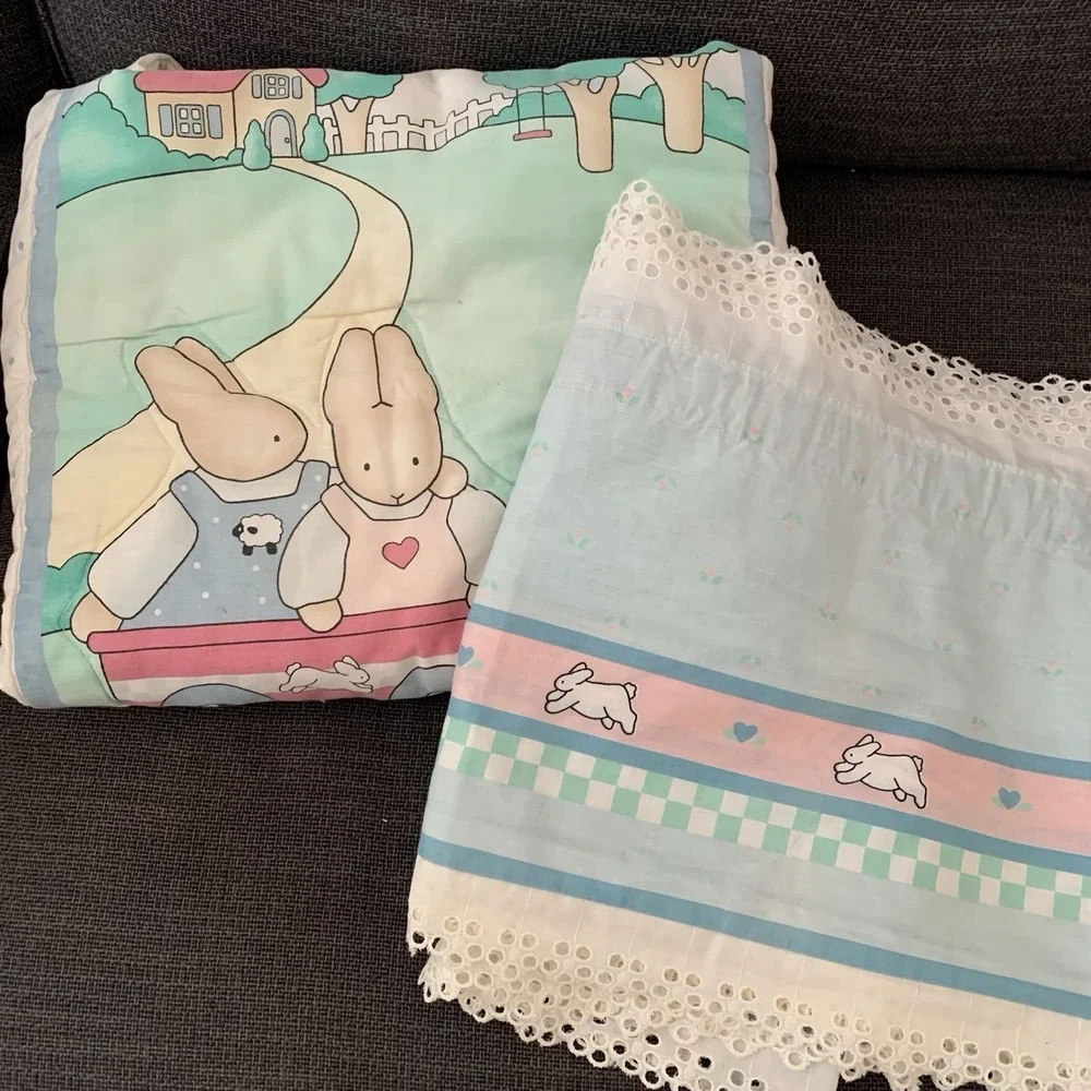 VTG 90s Daisy Kingdom Honey Bunny Crib Comforter With Valance