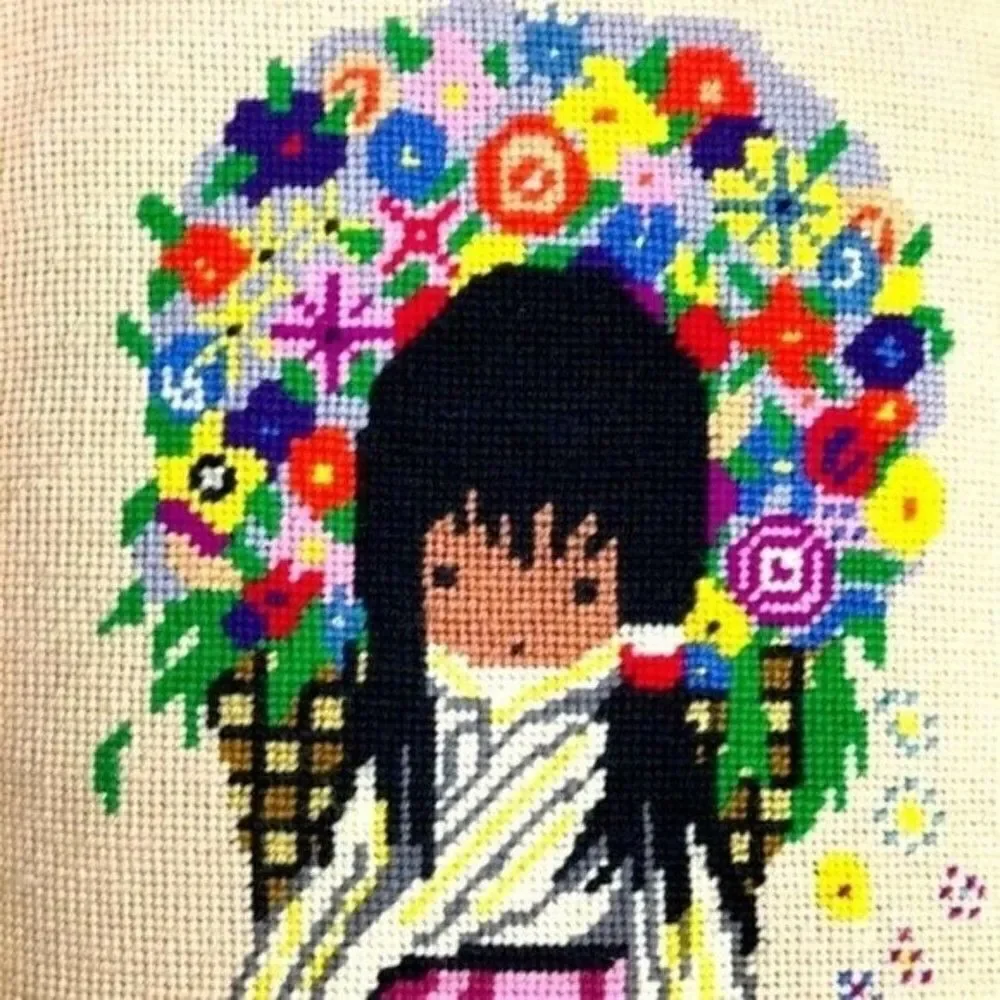 2 Native American Cross Stitch framed art floral vintage