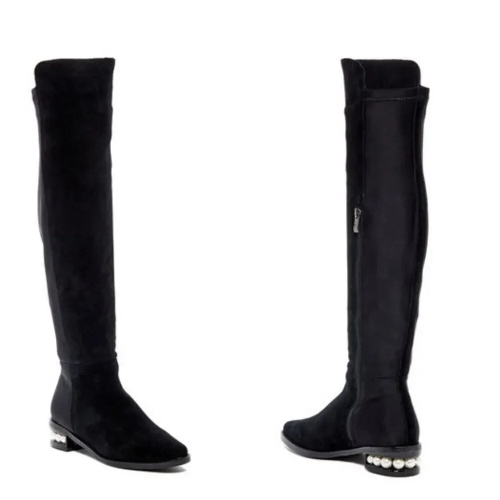 CATHERINE MALANDRINO Black Vegan Suede Over the Knee Pearl Heel Boot 7.5