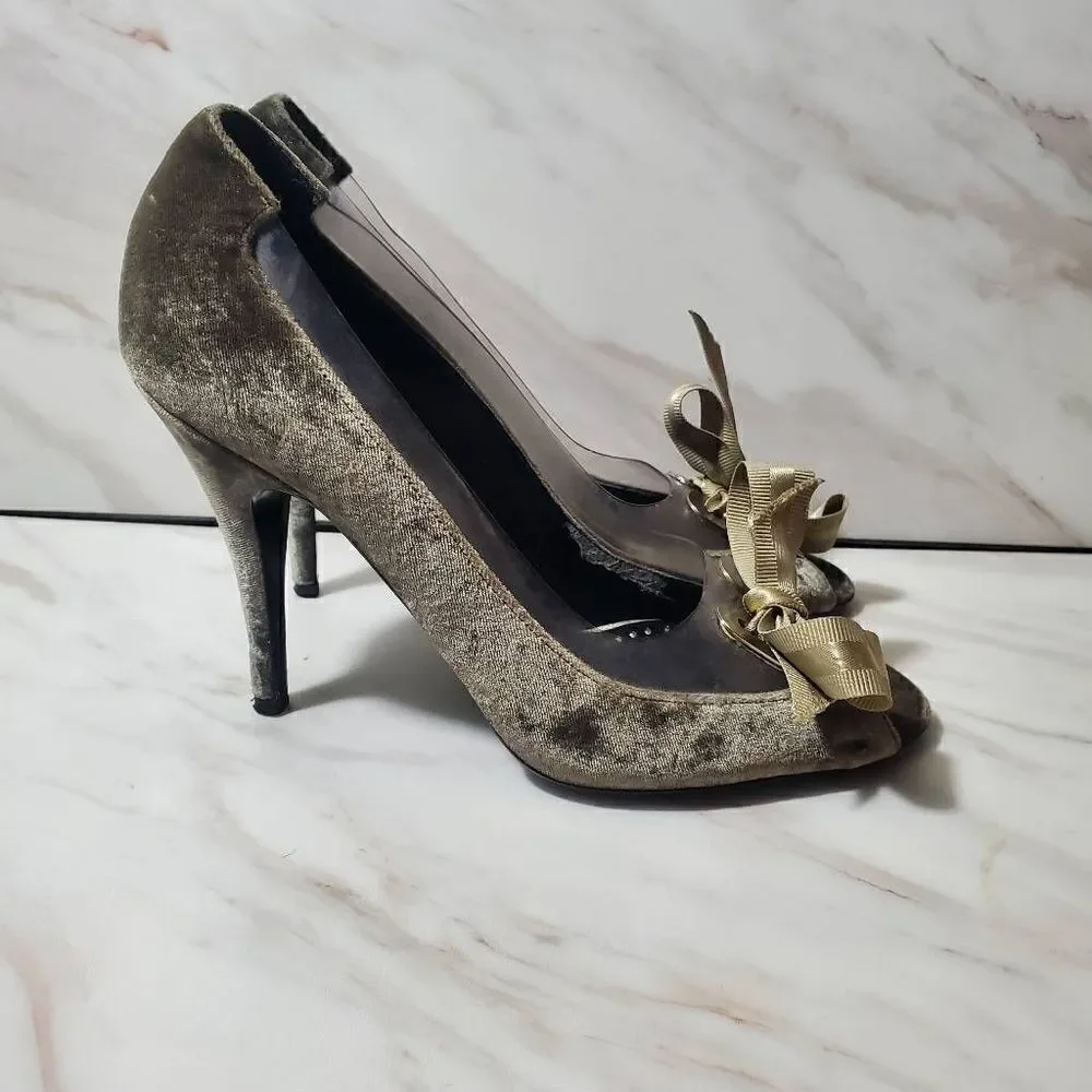 Stella McCartney Olive Green‎ Velvet Bow Peep Toe Heels Size 37 7