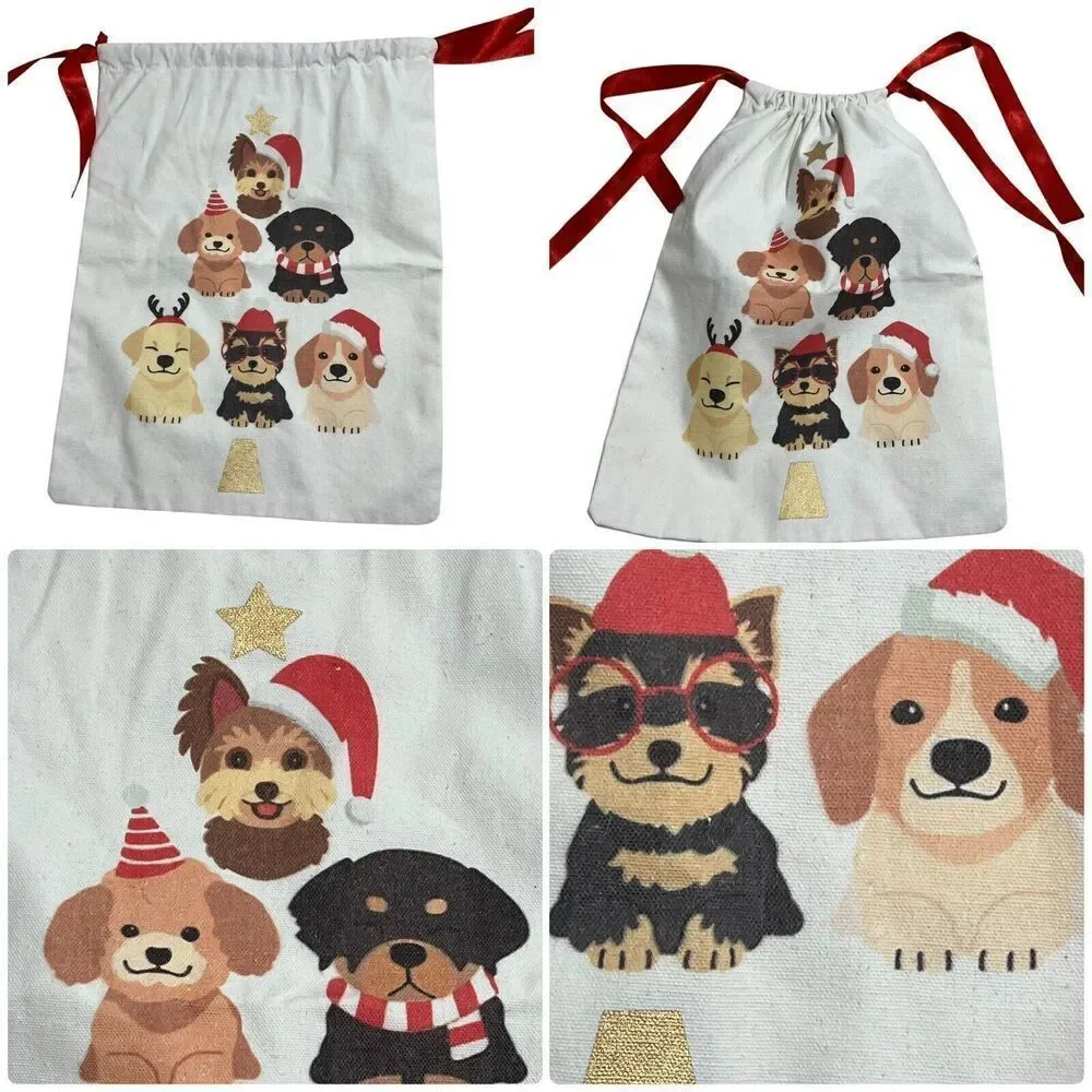 Woven Drawstring Holiday Puppy Dogs Christmas Gift‎ Bag 12