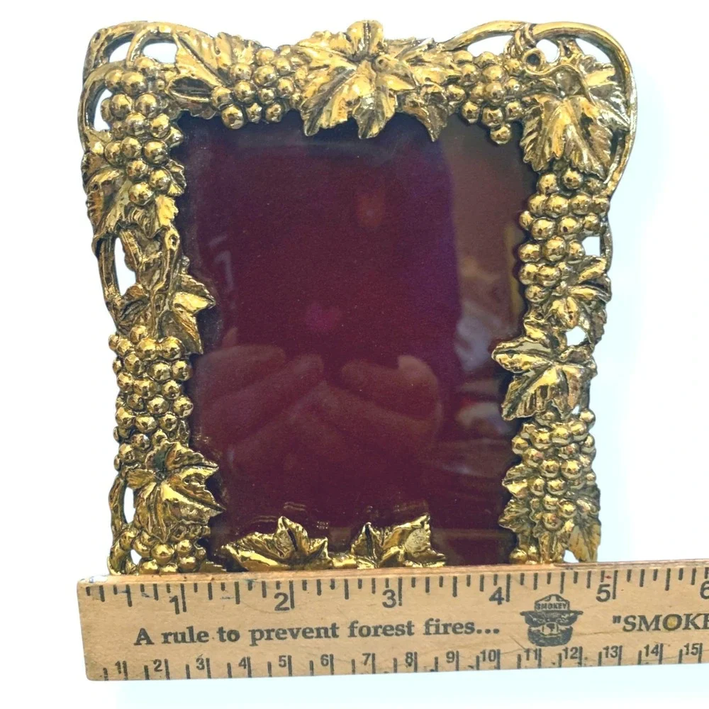 Picture Frame Brass Grape Leaf Ornate Red Velvet Backing 5x7 MCM French Farm