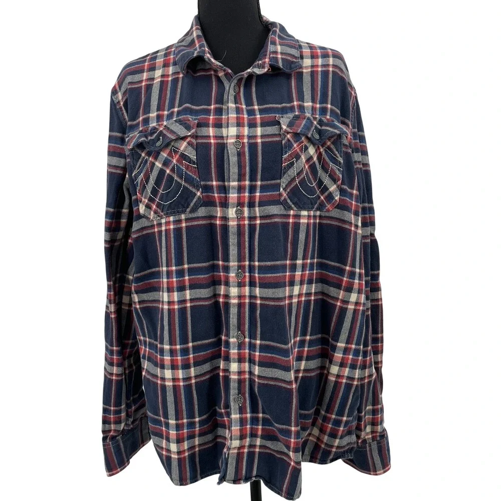 True Religion Mens Plaid Flannel LS Utility Shirt Navy‎ Red XL SVY974ZL01815