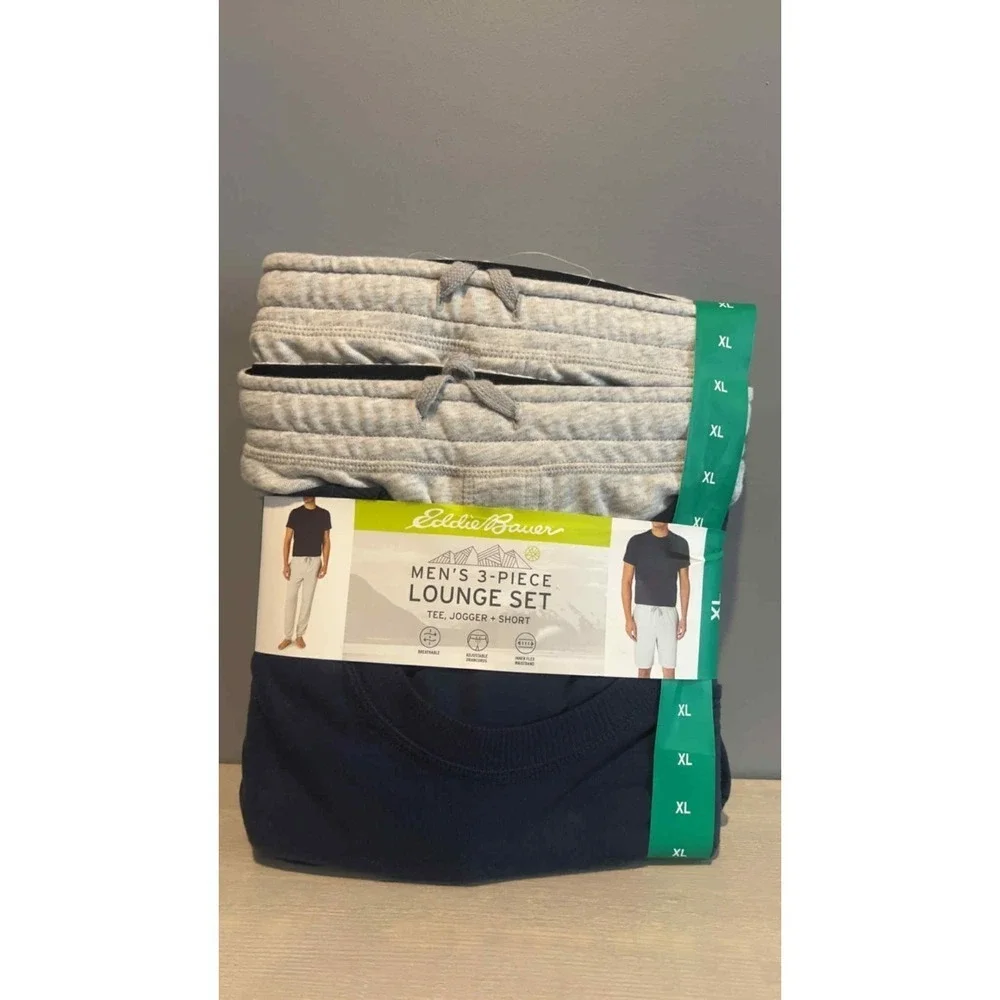 Eddie Bauer Mens Lounge Set 3 piece‎ Lt Gray Blue Tee Shirt Jogger Shorts XL NWT