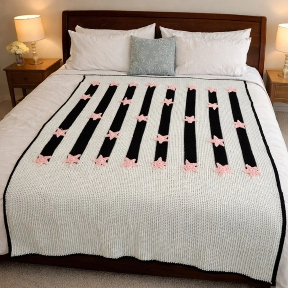 Handmade White, Black & Pink Star-Accent Knit Bed Throw 96x60”