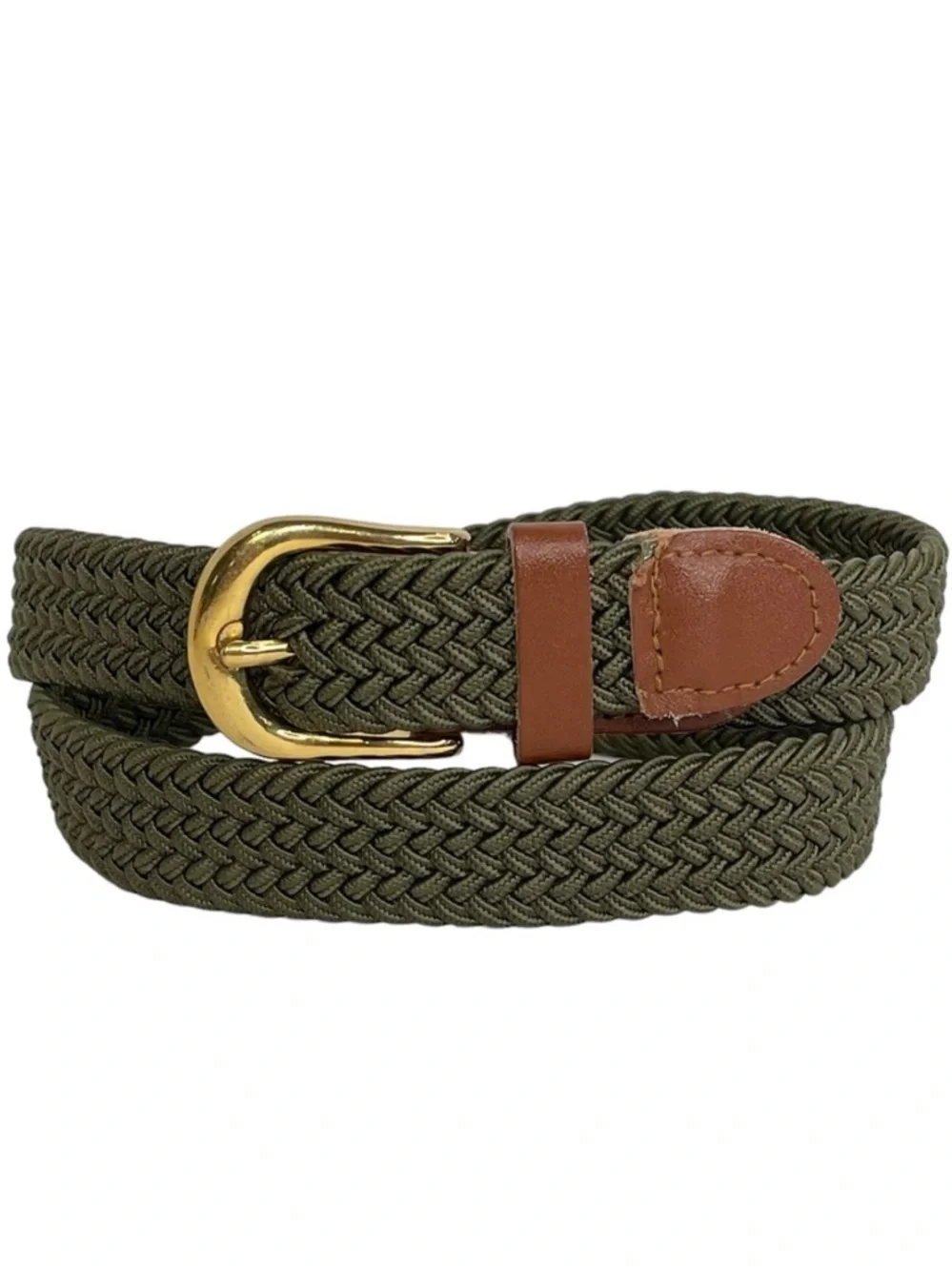 Army Green Stretchy Woven Youth Belt Brown Trim Brass Buckle Big Boy 28-30