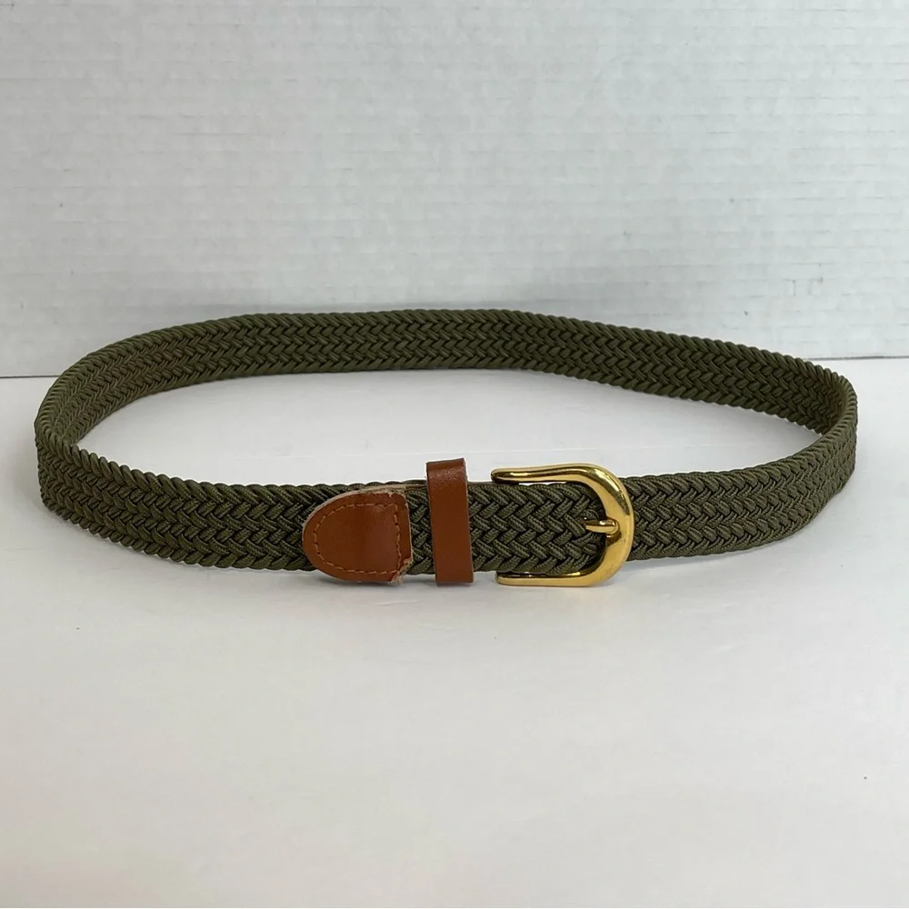 Army Green Stretchy Woven Youth Belt Brown Trim Brass Buckle Big Boy 28-30
