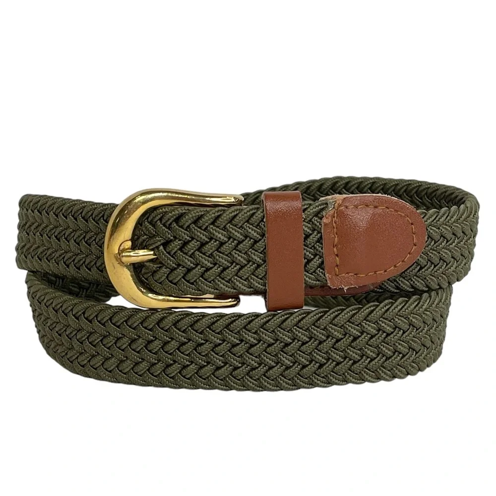Army Green Stretchy Woven Youth Belt Brown Trim Brass Buckle Big Boy 28-30