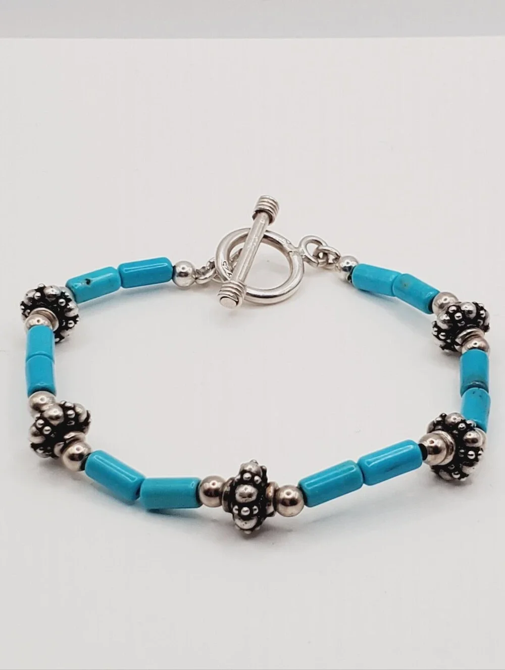 Genuine Turquoise 925 Sterling Silver Bead Bracelet With Toggle Clasp
