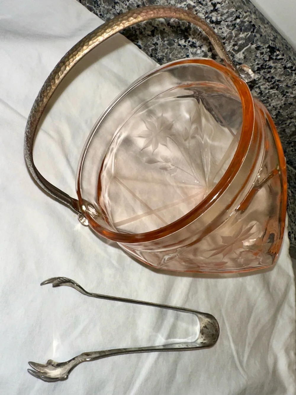 Vintage Pink Depression Glass Art Deco Ice Bucket & Tongs Set