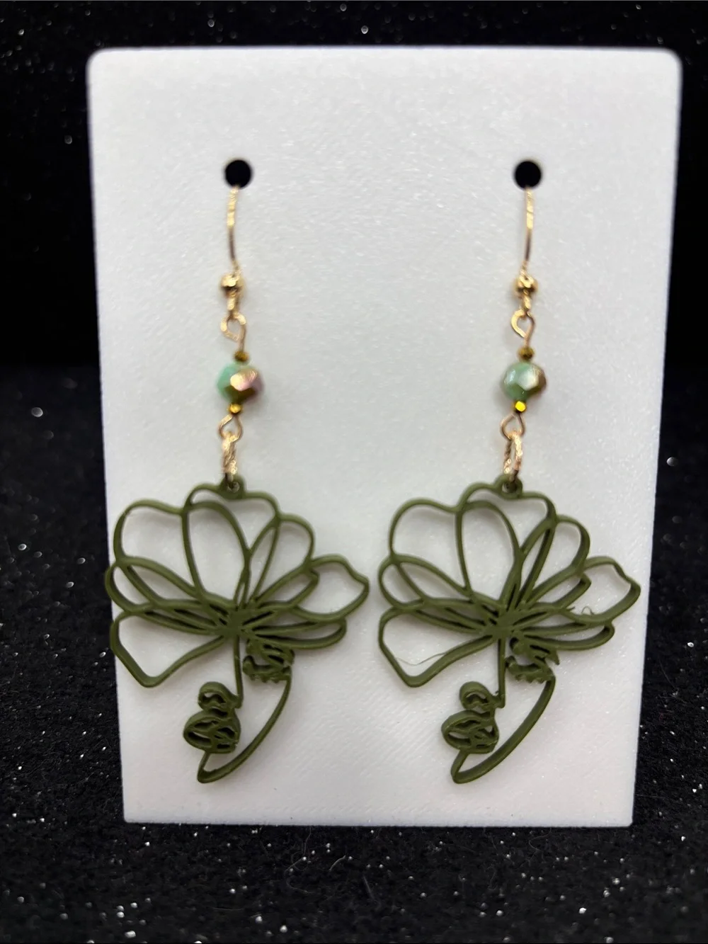 Olive Green Floral Line Art Dangle Earrings