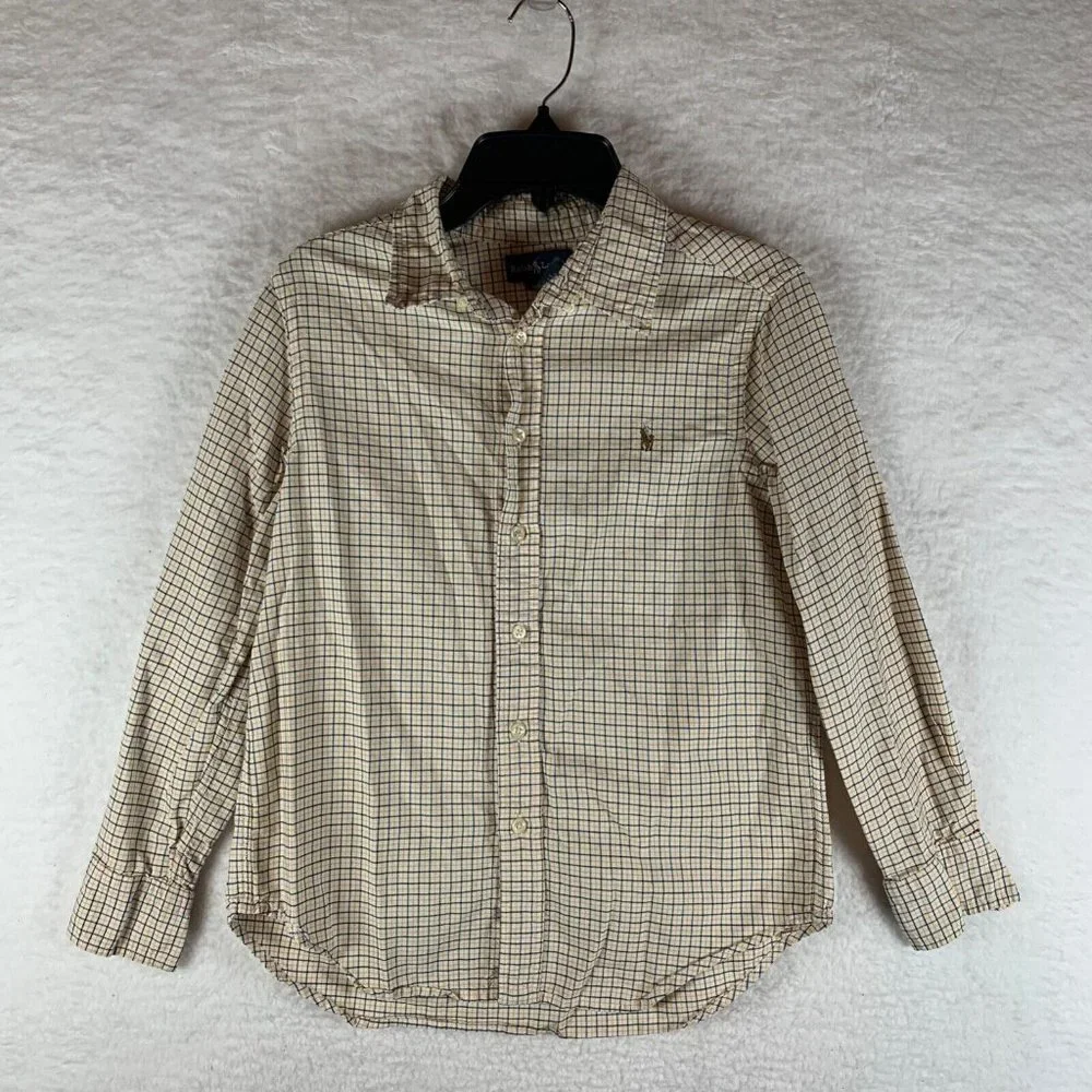 Ralph Lauren Boys Long Sleeve Yellow Blue Check‎ Oxford Shirt Size M 6481