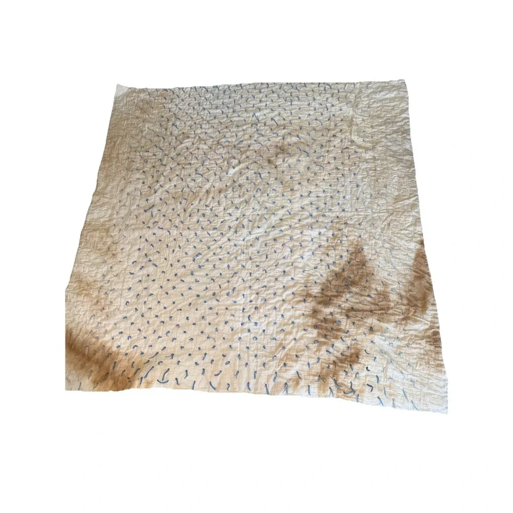 Vintage Cream W Blue Ties Quilt Blanket 68X65 In Significant Stain Areas Hole