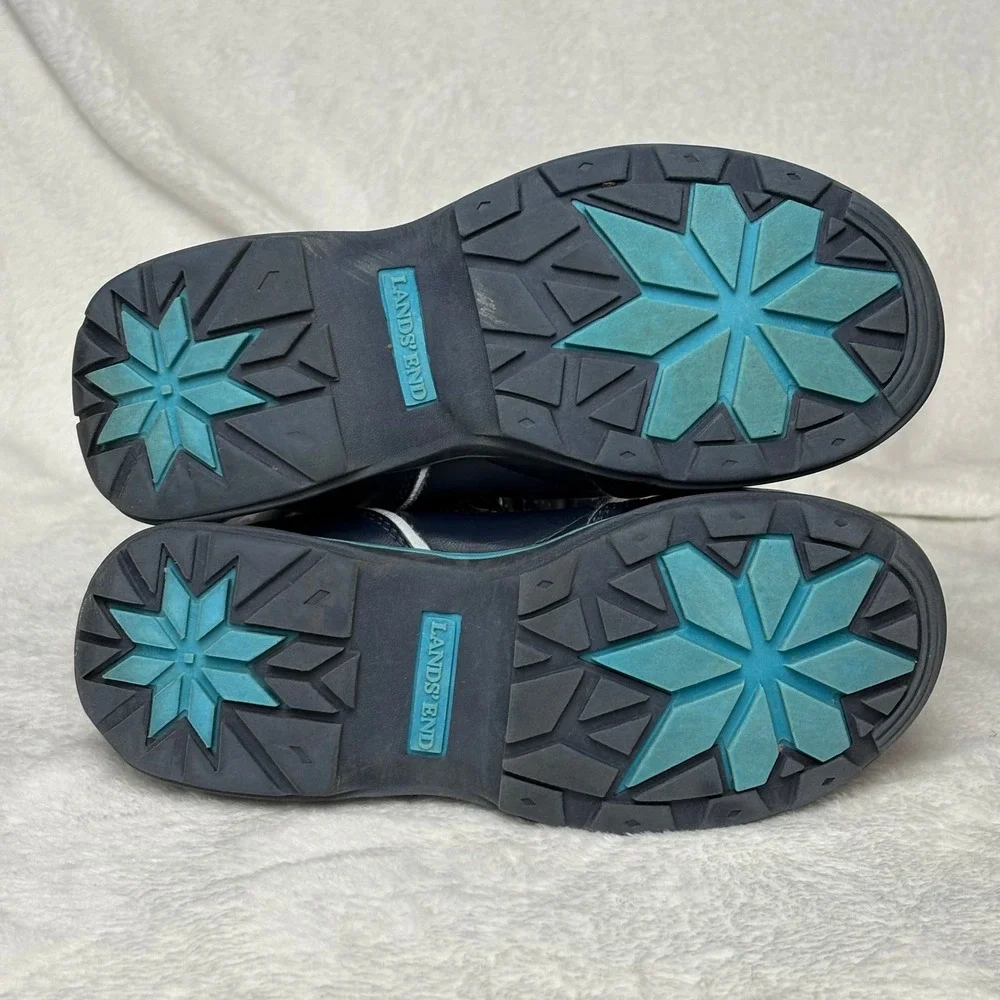 Lands' End Kids Navy Blue Star Print Winter Snow Boots Fur‎ Trim Warm Waterproof