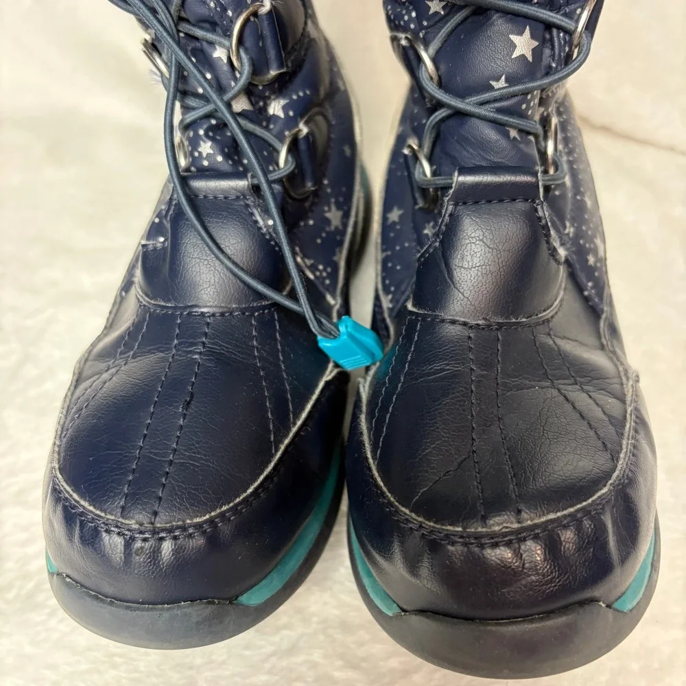 Lands' End Kids Navy Blue Star Print Winter Snow Boots Fur‎ Trim Warm Waterproof