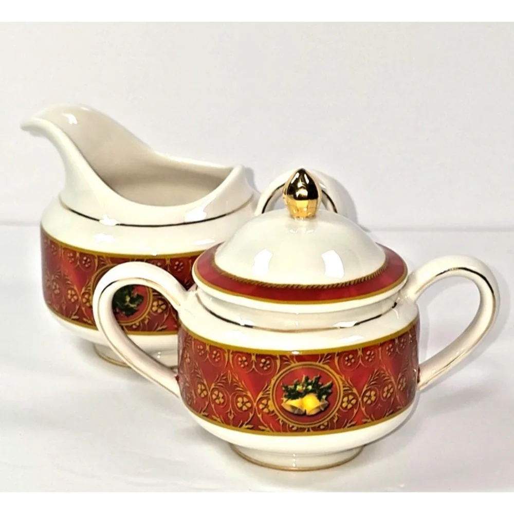 gund john grossman christmas creamer and sugar bowl set ceramic‎ 2008 red gold