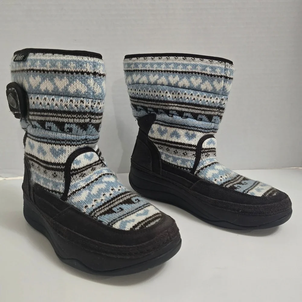 Skechers Tone-ups Cozy Knit Winter Boots‎ Womens Size 7 Blue Fair Isle Heritage