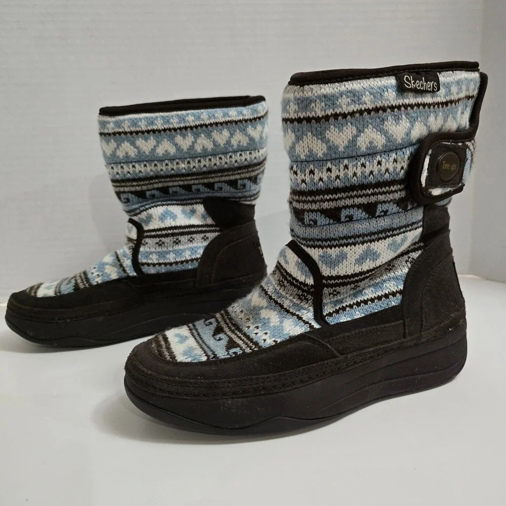 Skechers Tone-ups Cozy Knit Winter Boots‎ Womens Size 7 Blue Fair Isle Heritage