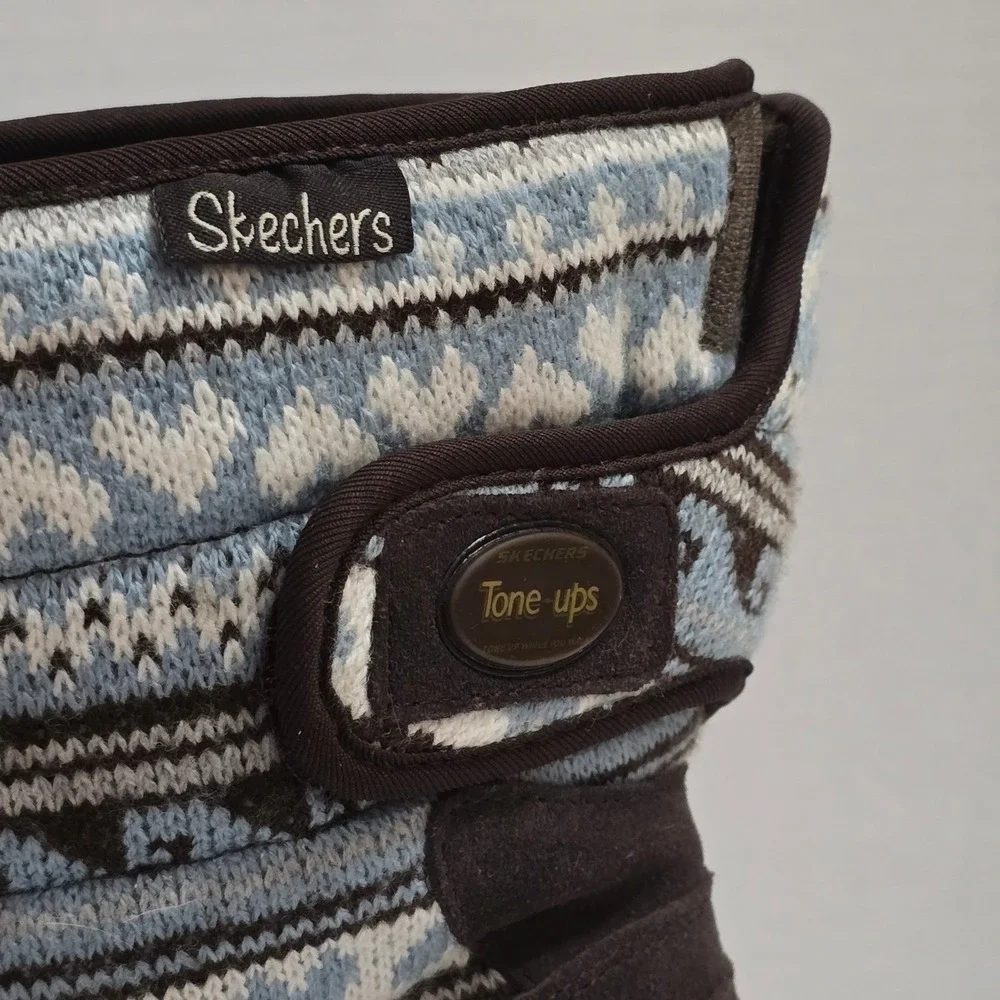 Skechers Tone-ups Cozy Knit Winter Boots‎ Womens Size 7 Blue Fair Isle Heritage