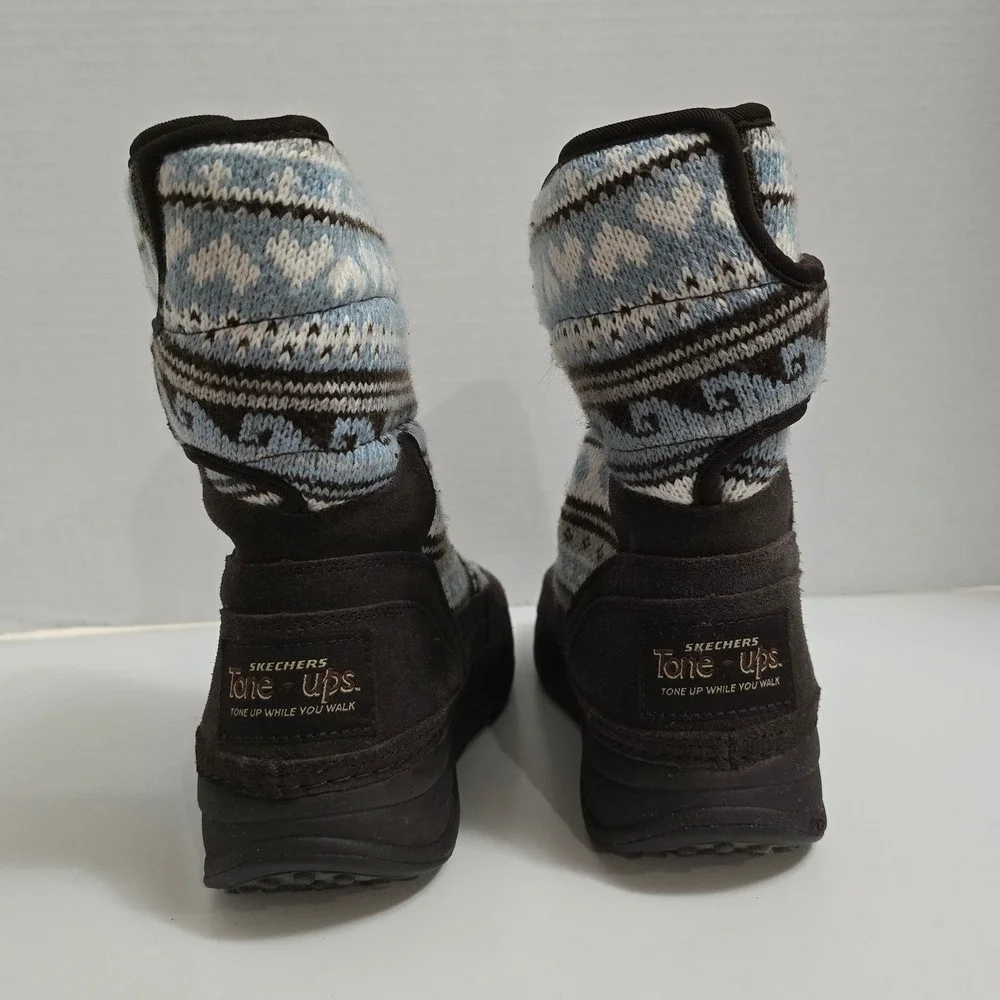 Skechers Tone-ups Cozy Knit Winter Boots‎ Womens Size 7 Blue Fair Isle Heritage