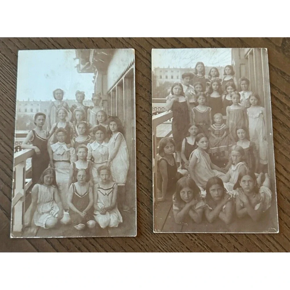 2 Antique RPPC Portrait Girl Group Swimsuits BATHING SUITS Mother Daughters OOAK