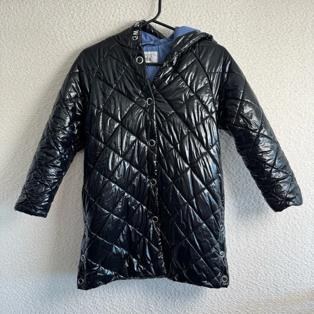 Zara Diamond Quilted Shiny Black Hooded Puffer Long Jacket Winter Coat Size 9‎