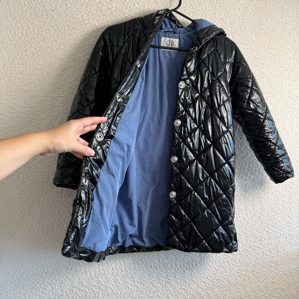 Zara Diamond Quilted Shiny Black Hooded Puffer Long Jacket Winter Coat Size 9‎